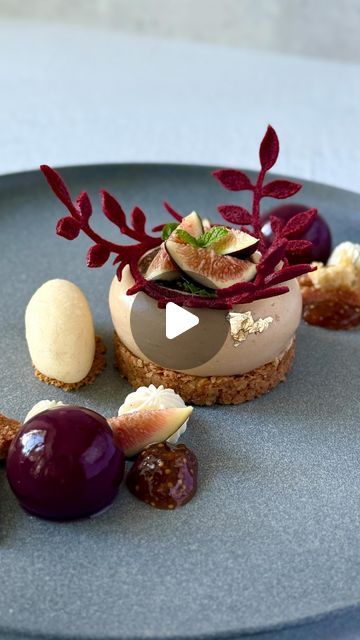 Fred Csibi-Levin | Doc Macaron on Instagram: "(Recipe) Earl Grey, Fig, Pomegranate. This plated dessert showcases warm autumn flavors, multiple textures and striking colors, particularly the burgundy tuile.   - Earl Grey mousse, set in Stone molds - Fig confit  - Pomegranate gelée (in mini spheres) - Reconstituted sablé Breton, modified recipe from @matthieu_payetgodel  - Vanilla bean chantilly  - Tuile  - Honey ice cream   Earl Grey mousse:  -Infusion: 200g heavy cream (1), 200g milk, 20-40g Early Grey loose leaf -20g Egg Yolks, 10g Sugar, 90g white chocolate, 1 gelatin sheet (silver), 130g heavy cream (2)  Fig Confit: 275g figs, 10g lemon juice, 40g sugar, 1.5g NH pectin, Pinch of salt  Pomegranate Gelée: 125g pomegranate puree, 10g inverted sugar, 10g lemon juice, 15g sugar, Pinch of sa Chocolate Tuile Recipe, Earl Grey Desserts, Vanilla Bean Mousse, Gelatin Sheets, Dolci Finger Food, Early Grey, Honey Ice Cream, Plated Dessert, Stone Molds