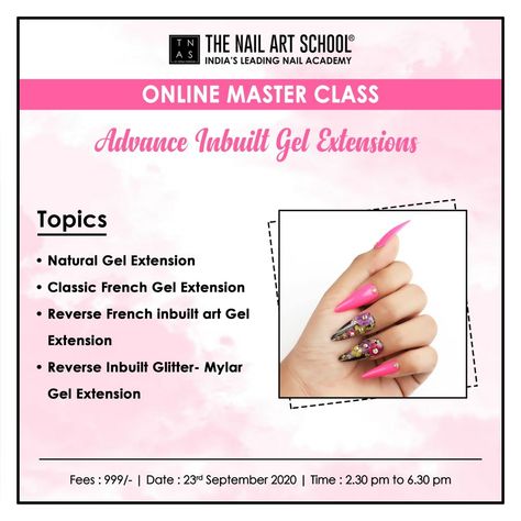 "Choosing art anything is what we are passionate about"❤️ We are happy to announce our next Online Master Class on Advanced Inbuilt Gel Extentions in which variety of topics will be covered and you will be able to learn this new trend in more detailed and captivating way.💅🏻 Scheduled on - 23rd September 2020 Fees - 999/- Time - 2.30 PM to 6.30 PM Enrol at The Nail Art School and for more details kindly DM or Call us on 8080008987 Academy at - Mumbai | Bengaluru | Kolkata #TheNailArtSchool Nail Art Classes Poster, Nail Art Course Poster, Art Classes Poster, Classes Poster, Nail Art Course, Course Poster, Scorpio Car, Nail Art Courses, Nail Room Ideas