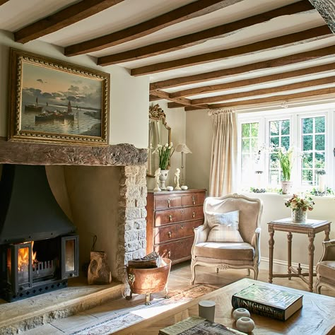 English cosy combined with elegant French.  get new window panes, timbers on ceiling, fireplace and its this European Farmhouse Living Room, French Country Decorating Living Room, Living Room Decor Country, French Country Cottage Decor, French Country Living, French Country Bedrooms, English Cottages, French Country Living Room, Country Cottage Decor