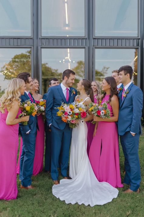 Fuschia And Navy Blue Wedding, Navy Magenta Wedding, Wedding Shades Of Pink, Hot Pink And Orange Wedding Theme, Sunset Color Palette Wedding Groomsmen, Hot Pink Wedding Theme Color Combos, May Wedding Themes, Pink And Orange Bridal Party, Bright Pink And Green Wedding