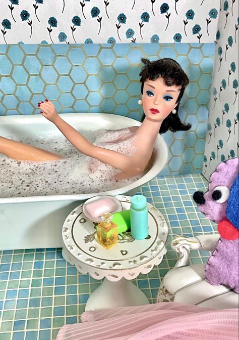 Barbie Bathtub, Bathtub Photoshoot, Barbie Bath, Brunette Barbie, Barbie Stories, Number Four, Taking A Bath, Vintage Bath, Toy Dog