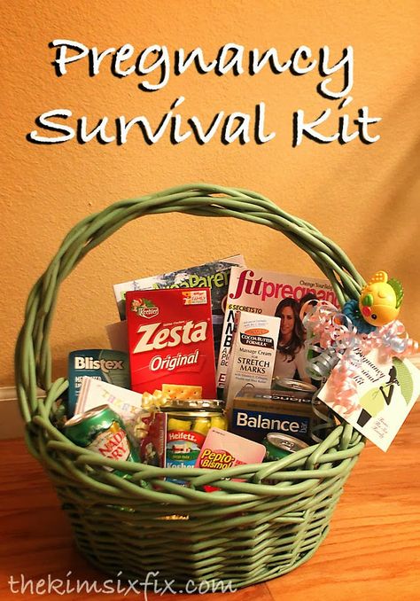 Pregnancy Survival Kit:Gift Idea for any Expecting Mom. Includes things like:  Ginger Ale Saltine Crackers Antacids Stretch Mark Cream Chapstick Baby gift thank you notes Protein Bars Pregnancy Magazines Pregnancy Survival Kit, Pregnancy Kit, Survival Kit Gifts, Girl Gift Baskets, Stretch Mark Cream, Survival Kits, Power Foods, Mom To Be, Ginger Ale