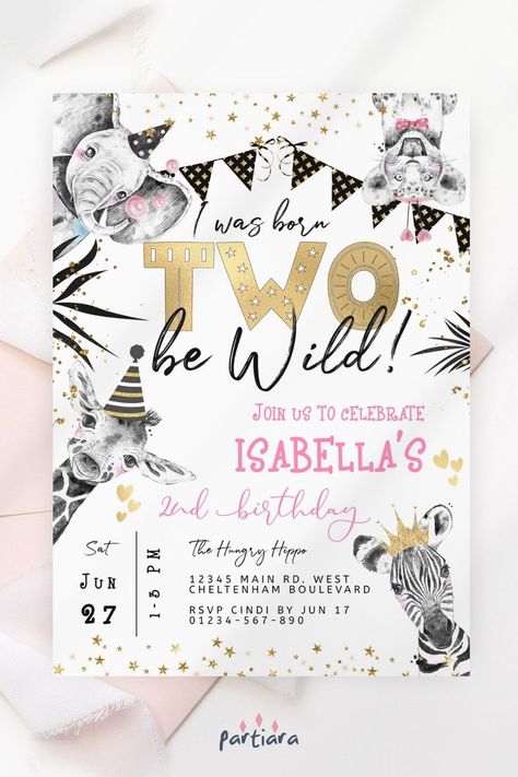 Self-editable 5x7" invite - follow the link for details and free demo! ♦ Easily edit online in your browser then download and print or send digitally ♦ A fun invitation for a girl's 2nd birthday - cute jungle animals make it perfect for a safari themed party ♦ #junglethemebirthdayparty #animalbirthdayparty #girlsbirthdayparty #partyanimalbirthdaytheme #editableinvitation #printableinvite Too Wild Birthday Party Girl, Animal Parade Birthday Party, Born Two Be Wild Birthday Girl, Black White Gold Decor, Animal Tea Party, White Gold Decor, 2nd Birthday Invite, Safari Theme Birthday Party, Jungle Themed Party