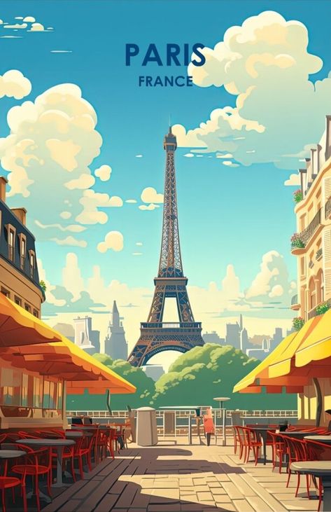 Paris City Illustration, Paris Digital Art, Drawings Of Paris, Paris Cartoon, Travelling Illustration, Paris Graphic Design, Paris Poster Art, Cities Poster, Eiffel Tower Illustration