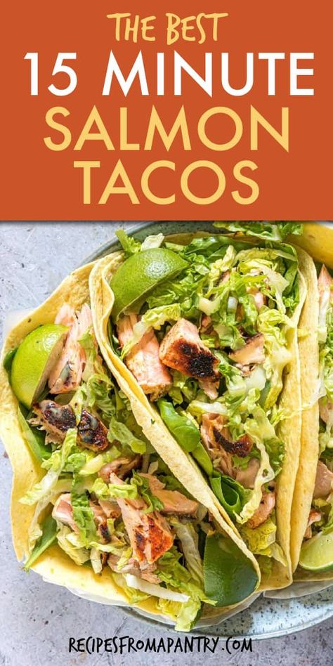 This easy salmon tacos recipe is a super quick no-fuss meal. With just a handful of everyday ingredients and 15 minutes, you can whip up this amazing dish. Take your Taco Tuesday in a whole new direction with these super tasty healthy seafood tacos with a spicy sauce and crunchy veggies! Full of Mexican flavors and easily adaptable, they're sure to become a family favorite. #taco #mexican #salmontacos #tacos #salmon #glutenfree Air Fryer Salmon Tacos Recipe, Salmon Tacos Recipe With Slaw, Healthy Salmon Tacos, Canned Salmon Tacos, Salmon Taco Recipes, Salmon Tacos Recipe Easy, Salmon Tacos With Slaw, Easy Salmon Tacos, Salmon Fish Tacos