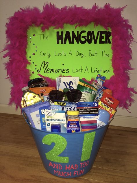 21 and Had Too Much Fun Hangover Kit I made for my best friend's 21st Birthday! 21st Birthday Presents For Best Friend, 21st Birthday Ideas Present, 21st Birthday Gift Ideas For Sister, 21st Birthday Emergency Kit, Best Friends 21st Birthday Gift Ideas, 21st Birthday Gifts For Sister, Hangover Kit Ideas Birthdays, Cute 21st Birthday Gifts For Best Friend, 22 Birthday Gift Ideas