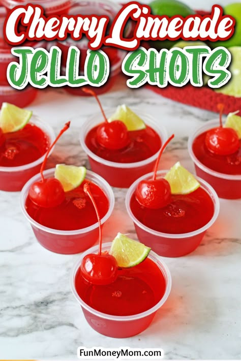 These Cherry Limeade Jello Shots are a fun treat that’s sure to take your next party up a notch. With all the delicious flavor of a delicious cherry limeade, these boozy shots are perfect for summer fun! Jello Shots With Lime Jello, Cherry Lime Jello Shots, Cherry Jello Shots With Vodka, Jello Shots With Titos, Cherry Coke Jello Shots, Cherry Limeade Jello Shots, Cherry Vodka Jello Shots, Kid Friendly Jello Shots, Shirley Temple Jello Shots