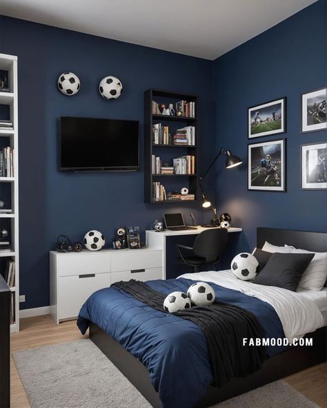 Blue Teen Bedroom Boy, Blue Boys Bedroom Paint, Blue Teenage Boys Bedroom Ideas, Boy Room Color Ideas, Teenager Boy Room Ideas, Boys Room Color Ideas, Boys Blue Bedroom Ideas, Dark Blue Boys Bedroom, Blue And Grey Boys Bedroom