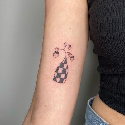 Strawberry Stick And Poke, Checkered Tattoo, Strawberry Tattoo, Arm Tats, Stick N Poke Tattoo, Hand Poked Tattoo, Poke Tattoo, Hand Poke, Discreet Tattoos