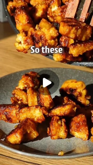 theveganideas on Instagram: "GOLDEN TOFU BITES 🌱 @Theveganideas  Follow us @Theveganideas 🌱 for more vegan recipes  RECIPE (3-4 servings, 15min prep time) -400g tofu Pat dry and tear in bite sized pieces. -2 Tbsp corn starch -1 Tsp salt Toss it. Fry in oil until crispy. Glaze: -4 Tbsp agave or maple syrup -juice of 1 small lemon -1 Tsp each paprika, ground coriander, cumin -1/2 Tsp each chili powder garlic powder -salt to taste -1-2 Tbsp water Mix and add to the tofu. Stir and fry for 2-3mins until nicely glazed. . . .    #veganburgers #veganvideos #planteater #vegetarianmealprep #plantbasedsnacks #recetasveganas  #vegetariskt #veganbreakfastideas #veganmacncheese #veganmeal #plantbasedfoods #vegannoodles #vegansnack #plantbasedmeals #veganweightloss" Golden Tofu Bites, Keto Tofu Recipes Easy, Tofu Recipe Ideas, Soy Free Vegan Recipes, Medium Firm Tofu Recipes, Tofu Recipes Videos, Tofu Videos, Puffed Tofu, Tofu Dessert