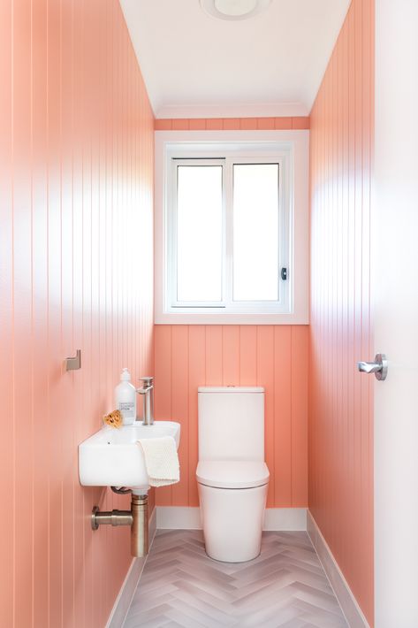 Vj Panelling Powder Room, Vj Panelling Bathroom, Grey Herringbone Tile, Chrome Tapware, Herringbone Tile Floor, Vj Panelling, Before And After Home Renovation, Latest Bathroom Trends, Style Curator