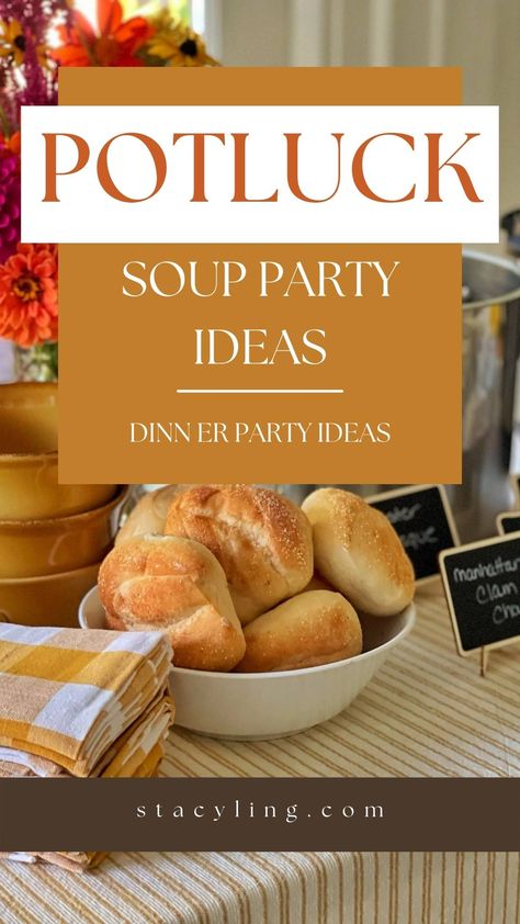 Looking for a potluck luncheon or dinner party idea? Host a soup party cook-off with these simple ideas.. #soupparty #souppartyideas #potluck #potluckideas #soupartytheme #potluckthemeideas #souppartyrecipes #chowder #chowderrecipes Potluck Soup, Salad Bar Party, Soup Party Ideas, Soup Party, Holiday Soups, Soup Bar, Souper Bowl, Luncheon Menu, Christmas Soup