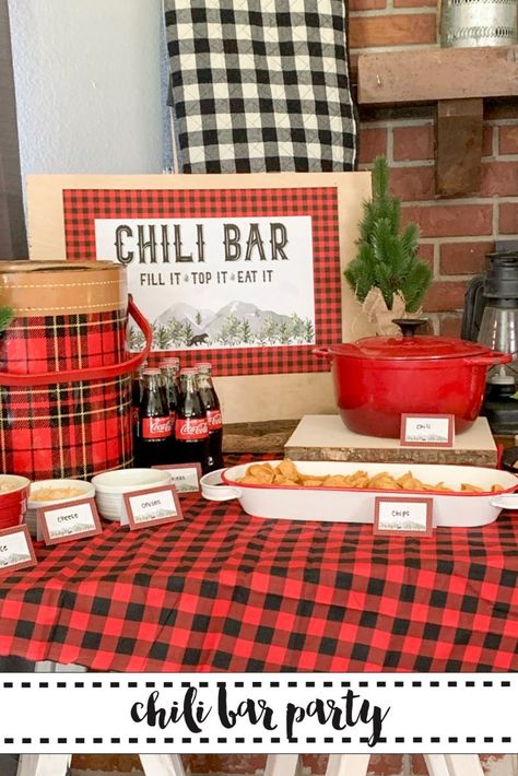 Host and adorable and delicious Chili Bar Party with help from Everyday Party Magazine #ChiliBar #Woodlands #Rustic #Party Chili Decorations Party Ideas, Chili Bar Party, Flannel Party, Soup Party, Chili Party, Chili Dinner, Chili Bar, Lumberjack Birthday Party, Chili Cookoff