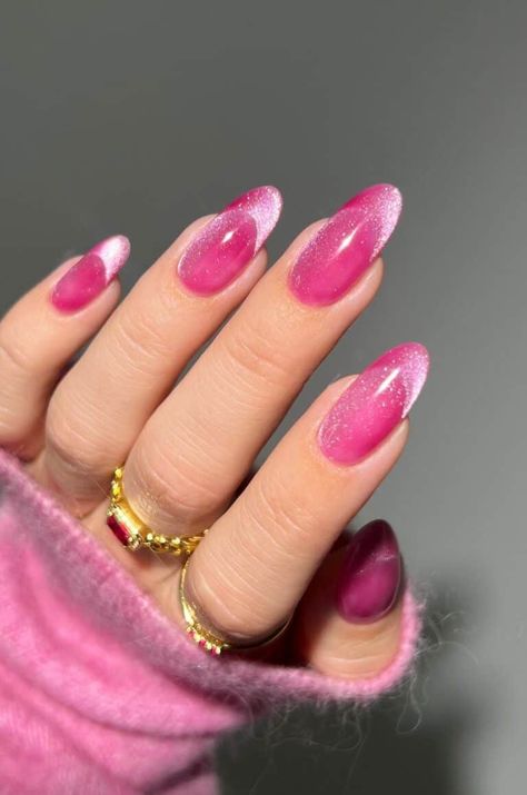 Magnetic Pink Nails, Pink Magnetic Nails, Dark Pink Nails Designs, Magenta Pink Nails, Pink Velvet Nails, Nicki Concert, Hot Pink Nail, Hoco 2023, Magenta Nails