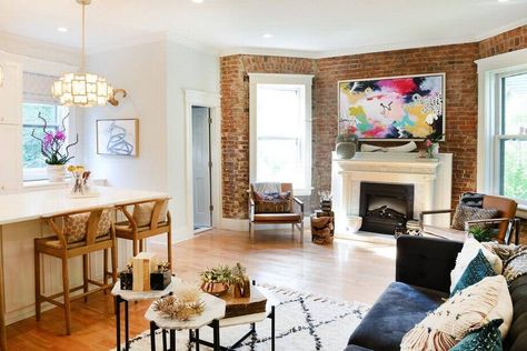 Bargain Mansions, Living Room Mantle, Kansas City Mo, House Kitchen, Antique Inspiration, Exposed Brick, Oak Floors, Chic Home, Kitchen Living