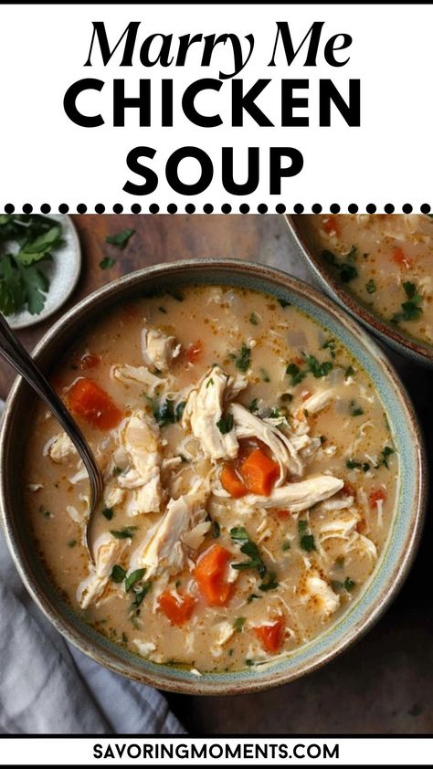 Fall in love with Marry Me Chicken Soup! This creamy and flavorful soup is filled with tender chicken, herbs, and a rich broth that makes every spoonful irresistible. Perfect for cozy nights or impressing that special someone.
 #ChickenSoupSeason #CreamyChickenRecipes #FallComfortFood #MarryMeChicken #SoupGoals Flavorful Chicken Soup, Marry Me Chicken Soup, Chicken Thigh Soup, Chicken Soup Seasoning, Chicken Herbs, Lemon Orzo Soup, Soup Fall, Chicken Broth Soup, Hand In Marriage