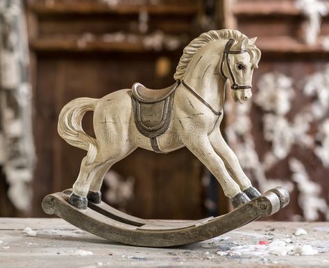 Vintage old rocking horse. On a wooden background royalty free stock photos Antique Rocking Horse, Wooden Rocking Horse, Antique Horse, Equestrian Decor, Wooden Horse, Shabby Chic Crafts, Horse Decor, Toy Horse, Carousel Horses