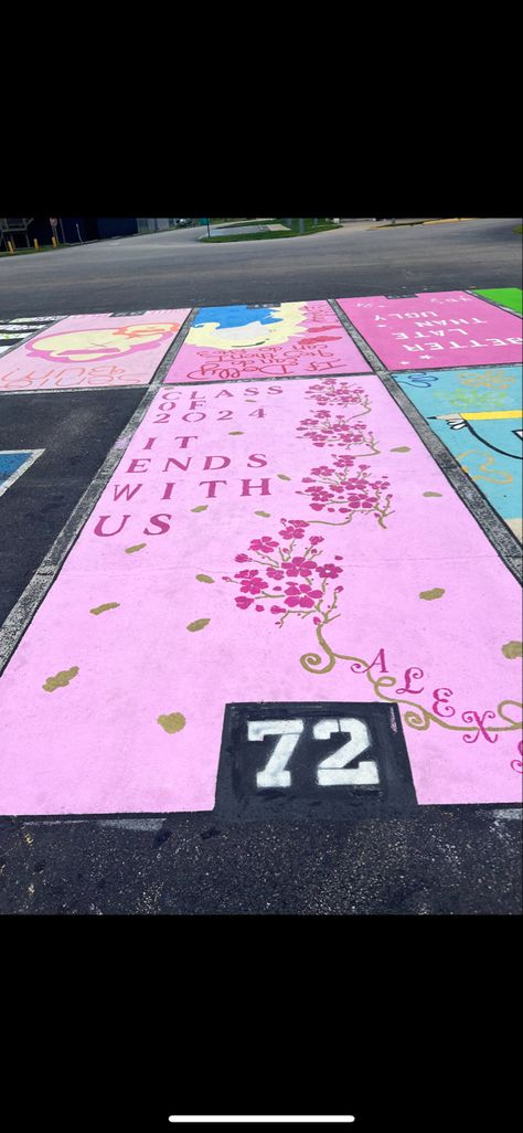 Highschool Parking Spot Ideas, Painted Parking Spaces Ideas, Senior Parking Spot Ideas, Parking Spot Ideas, Senior Year Things, Senior Year Fun, Senior Parking Spot, Parking Spot Painting, Parking Spot