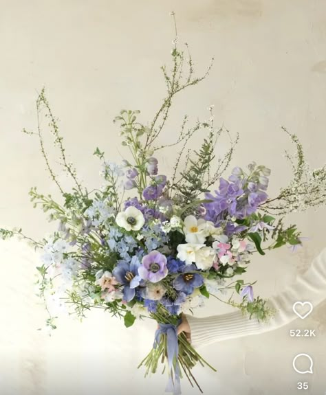 Wedding Bouquets Lilac Lavender, Lavender And Blue Wedding Bouquet, Lilac Flower Arrangements Wedding, Purple And Green Spring Wedding, Periwinkle Wedding Bouquet, Blue And Lilac Wedding Flowers, Blue And Purple Bridal Bouquet, Hydrangea Wildflower Bouquet, September Bouquet Wedding