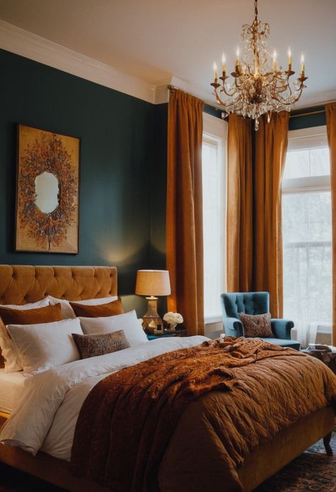 Decorate with seasonal elements like pumpkins, leaves, and warm-toned accessories to create an autumn-inspired haven. Cozy Bedroom Aesthetic Dark, Bedroom Aesthetic Dark, Burgundy Bedroom, Cosy Fall, Fall Bedroom Decor, Cozy Fall Bedroom, Bedroom Aesthetics, Warm Bedroom, Boho Style Bedroom