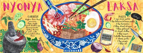 Nyonya Laksa by Tabitha Haggett - THEY DRAW - A Creative Playground for Illustration Laksa Illustration, Dried Chillies, Creative Playground, Dried Shrimp, Digital Signs, Mixed Media Collage, Drawings, Art