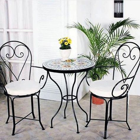 Wrought Iron Chairs, Wrought Iron Decor, Nyc Baby, Garden Table And Chairs, Iron Chair, Outdoor Patio Furniture Sets, Mosaic Design, Mosaic Table, Folding Chairs