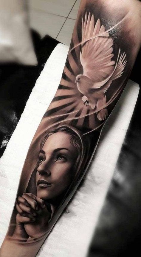 Mother Mary Tattoo Design, Religious Tattoos For Women, Religious Tattoo Sleeves, Mother Mary Tattoos, Jesus Hand, Virgin Mary Tattoo, Body Tattoo Design, Dove Tattoos, Heaven Tattoos