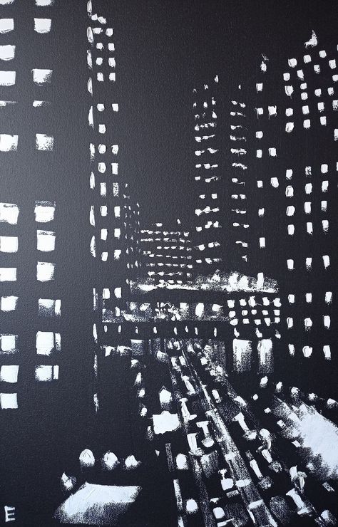 Black And White City Painting, Oil Painting Night, Cityscape Silhouette, Alevel Art, City Abstract, Office Painting, Painting Architecture, Black White Wall Art, Painting Night