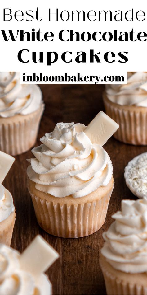 These are soft and tender white cupcakes filled with silky white chocolate ganache and topped with decadent white chocolate buttercream frosting. White Chocolate Cupcakes Box Cake Mixes, White Cake Mix Cupcakes, Sellable Treats, Cupcake Creme, White Chocolate Buttercream Frosting, In Bloom Bakery, Bloom Bakery, Best White Chocolate, White Chocolate Cupcakes