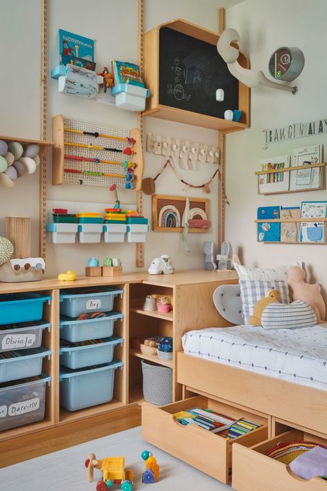 Organized children's playroom with open shelves, storage bins, and a daybed. Toddler Bedroom And Playroom Combo, Small Toddler Room Ideas, Toddler Bedroom Layout, Toddler Room Layout, Toddler Bedroom Storage, Kids Room Design Small Space, Small Toddler Room, Small Toddler Bedroom Ideas, Office And Bedroom Combo