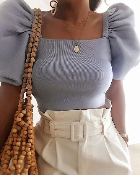 Dusty blue puff sleeve top + off white belted shorts Blue Puff Sleeve Top Outfit, Puff Sleeve Top Outfit, Blue Puff Sleeve Top, Blue Shorts Outfit, Puffed Sleeves Top, Blue Top Outfit, Uni Outfit, Light Blue Crop Top, Off White Belt