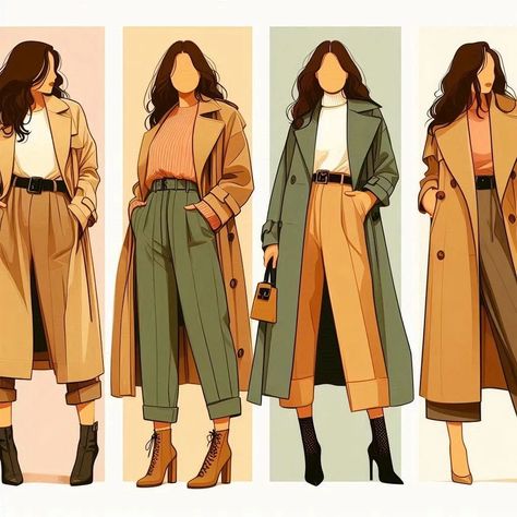 Wardrobe capsule: Trench coats (pop of Colour) Cute Trench Coat Outfits, How To Style A Trench Coat, Fall Fashion Illustration, Open Trench Coat, Painted Fashion, Long Coat Outfit, Jacket Drawing, Fashion Figure, Fashion Design Sketch