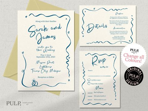 WEDDING INVITATION SET template | hand drawn wavy border scribble illustrations & handwritten | funky, colorful, fun whimsical | 0041 Squiggle Wedding Invite, Hand Drawn Wedding Invitations Illustration, Hand Written Wedding Invitation, Hand Drawn Wedding Invitations, Invite Suite, Bingo Template, Hand Drawn Wedding, Carton Invitation, Profile Header