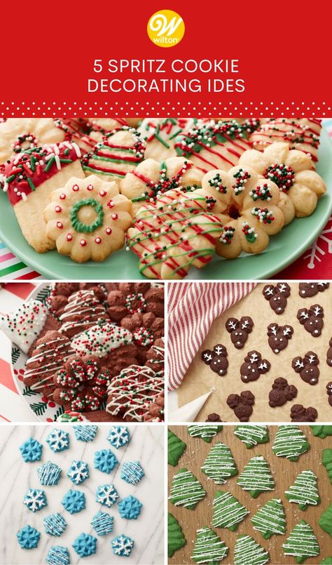 Decorating Spritz Cookies Christmas, Wilton Cookie Press Recipe, Buttery Spritz Cookies, Chocolate Spritz Cookies, Spritz Cookie Press, Butter Spritz Cookies, Cookie Press Recipes, Christmas Spritz Cookies, Easy Holiday Baking