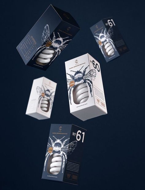 Angelina Pischikova designed this clever packaging for CS Lightbulbs. Each package features beautifully illustrated insects and die cuts that make the lightbulb part of the design, ultimately creating a unique solution that allows the product to stand out. Clever Packaging, Cool Packaging, Unique Packaging, Graphic Design Packaging, Chocolate Packaging, Packing Design, Packaging Labels Design, Creative Packaging Design, Creative Packaging