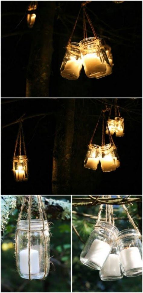 DIY Hanging Jar Lanterns Mason Jar Lights, Jar Chandelier, Mason Jar Chandelier, Diy Hanging Shelves, Jar Lanterns, Diy Wall Shelves, Diy Jar Crafts, Wine Bottle Diy Crafts, Mason Jar Crafts Diy