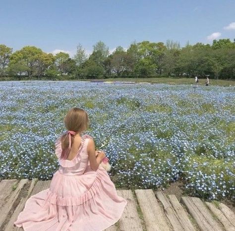 cottagecore aesthetic flower field Pink Dress, Flowers, Pink, Blue