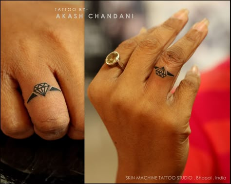 Diamond Ring Tattoo Designs, Diamond Ring Tattoo, Tattoo On Ring Finger, Ring Finger Meaning, Diamond Finger Tattoo, Finger Meaning, Ring Tattoo Designs, Wedding Band Tattoo, Diamond Tattoo