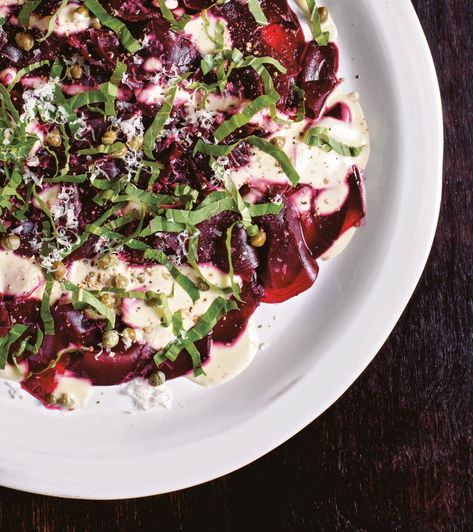 Salt-Cured Beet Carpaccio [Vegan] - One Green PlanetOne Green Planet Beet Carpaccio, Roasted Garlic Dressing, Carpaccio Recipe, Beef Carpaccio, Avocado Cream, Potato Curry, Green Planet, Allergy Friendly Recipes, Vegan Meal