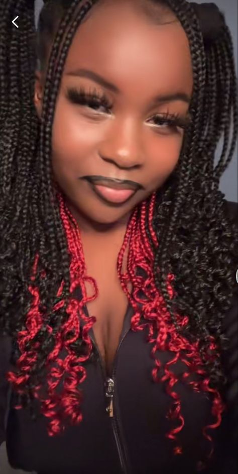 Box Braids Peekaboo, Red Peekaboo Braids, Red And Black Box Braids, Braids W Curls, Braids Peekaboo, Peekaboo Braids, Red Peekaboo, Braids With Curly Ends, Black Box Braids