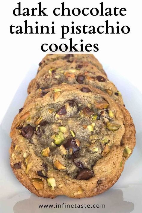 stack of cookies on a platter with title at top Dark Chocolate Pistachio, Toasted Pistachios, American Dessert, Chocolate Tahini, Tahini Cookies, Mediterranean Flavors, Chocolate Pistachio, Pistachio Cookies, Dark Chocolate Cookies