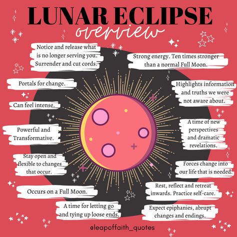 A Lunar Eclipse occurs when the Moon moves into Earths shadow blocking the sunlight falling on the Moon, making it appear slightly orange/red. Lunar Eclipses are ten times stronger than a normal Full Moon. As the Eclipse occurs when the Moon is full, it supercharges this lunations focus of releasing. This is a great time to practice clearing, forgiveness, shadow work and other Full Moon rituals such as welcoming in feelings of gratitude. #lunareclipse #astrology Eclipse Astrology, Full Moon Rituals, Full Moon Eclipse, Astrology Meaning, Moon Rituals, Moon Journal, Solar Eclipses, Full Moon Ritual, Moon Eclipse