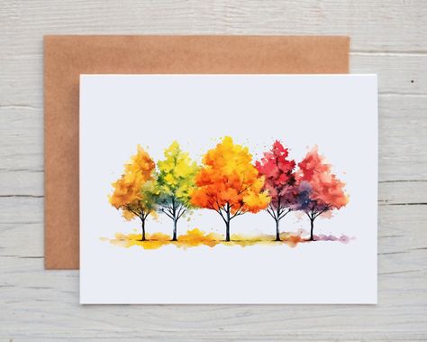 Set of 12 handmade, watercolor fall note cards These beautiful fall cards are perfect for sending fall greetings to family and friends, near & far!  Cards are also helpful if you run a small business and like to include a little note in all of your packages.  Each card is printed on 80lbs 216 GSM card stock.  Size: 4.25 x 5.5 (A2) The inside is left blank for your message Choice of white or kraft self-seal envelopes are included with your purchase. Cards are packaged in clear plastic sleeves to keep them in perfect condition as they make their way to you! Card sets make great teacher gifts, coworker gifts, or gifts for family & friends! Thank you for shopping small! Aspen Tree Dies Su Cards, A Tree For All Seasons Cards, Autumn Greeting Cards, Inside Tree, Watercolor Stationary, Diy Watercolor Cards, Learn Watercolor Painting, Watercolor Birthday Cards, Fall Landscape