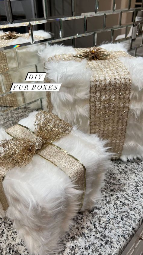 ✨DIY Fur Christmas Boxes💫 These add such a luxury feel to your Christmas Decor. Can’t find the perfect size box? Just create your own. Big … | Instagram Fake Christmas Gift Boxes Decor, Christmas Glam Decor, Decorating Boxes Ideas Gift, Diy Christmas Boxes Decor, Fur Christmas Decor, Diy Christmas Box, Christmas Boxes Decoration, Photoshoot Set, Wonderful Monday