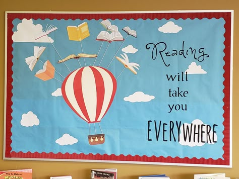 Hot Air Balloon Bulletin Board, Balloon Bulletin Board, Books Bulletin Board, Hot Air Balloon Classroom Theme, Up Bulletin Board, Book Bulletin Board, Reading Corner Classroom, Travel Theme Classroom, Reading Display