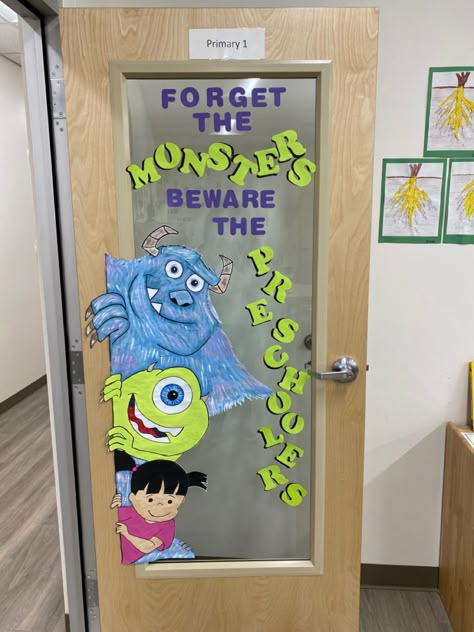 Monsters Inc School Door, Monsters Ink Door Decoration, Candy Corn Door Decoration, Monster Mash Door Decoration, Halloween Door Decorations Daycare, Kindergarten Classroom Door Decor, Monsters Inc Halloween Door, Monster Inc Door Decorations Classroom, Monster Inc Halloween Decor