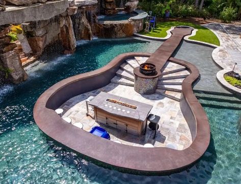 The "Guitar Pool" By Lucas Lagoons (PHOTOS) Insane Pools, Swim Up Bar, Built In Bar, Luxury Pools, Rich Home, Resort Style Pool, Backyard Paradise, Building A Pool, Dream Pools