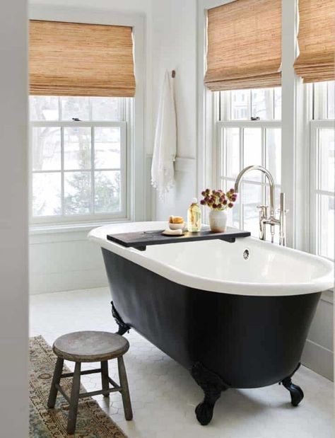 Tour the ultimate dream house in beautiful Southern California Bathroom Tray Ideas, Wood Bath Tray, Black Clawfoot Tub, Clawfoot Tub Bathroom, Tub Bathroom, Wood Bath, Black Bath, Cottage Bathroom, Bathroom Modern