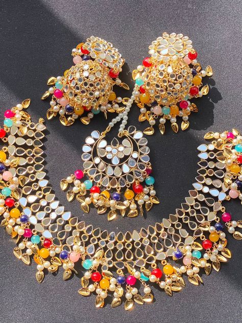 Multi Colour Necklace, Heavy Jewellery, Mirror Necklace, Unique Wedding Jewelry, Indian Wedding Jewelry Sets, Multi Coloured Necklaces, Multicolor Jewelry, Celebrity Fashion Looks, Bridal Jewellery Design