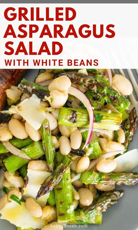 plate of white bean and grilled asparagus salad. Grilled Asparagus Salad, Salad With White Beans, Healthy Bbq Side Dishes, Lemon Dijon Vinaigrette, Asparagus Salad Recipe, White Bean Recipes, Grilled Asparagus Recipes, Lemon Salad, Asparagus Beans